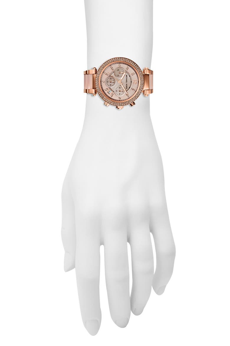 'Parker' Blush Acetate Link Chronograph Watch, 39mm, Alternate, color, ROSE GOLD