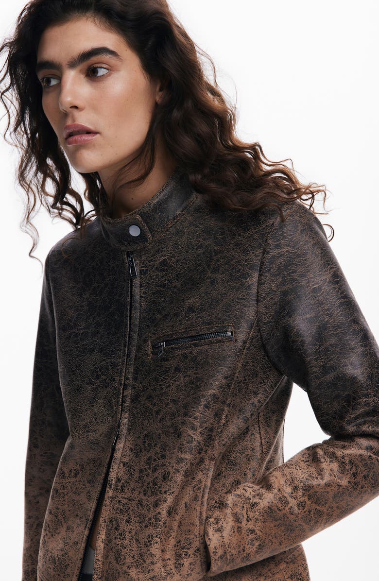 Desigual Distressed Faux Leather Hybrid Jacket, Alternate, color, Brown