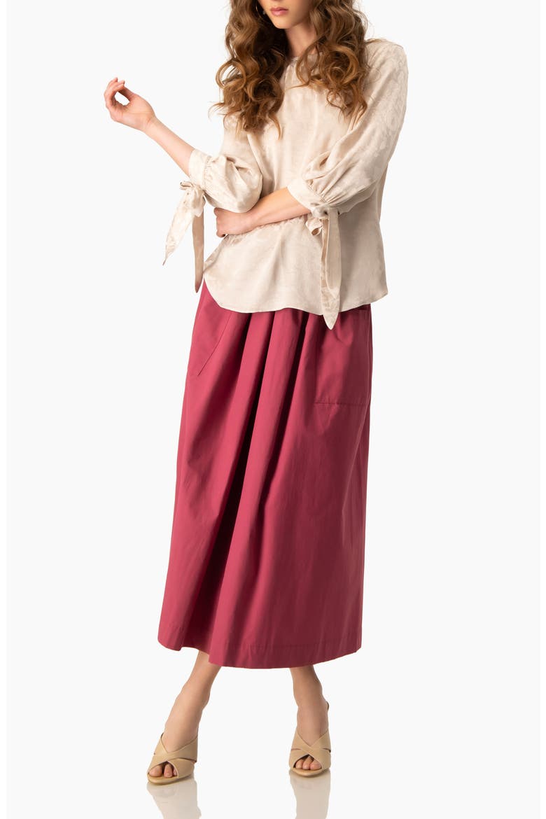 Floral Jacquard Tie-Cuff Blouse with Three-Quarter Sleeve, Alternate, color, Beige