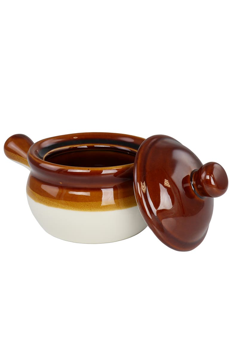 4 Piece Long Handle 15 Ounce French Onion Soup Bowl with Lid, Alternate, color, Brown