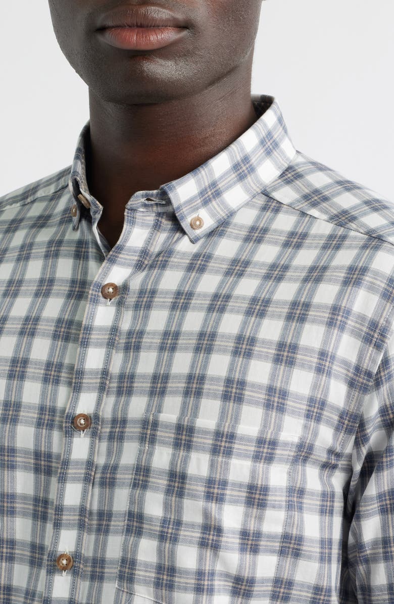 Johnston & Murphy Plaid Heathered Cotton Button-Up Shirt, Alternate, color, Navy/ Tan Shadow Grid