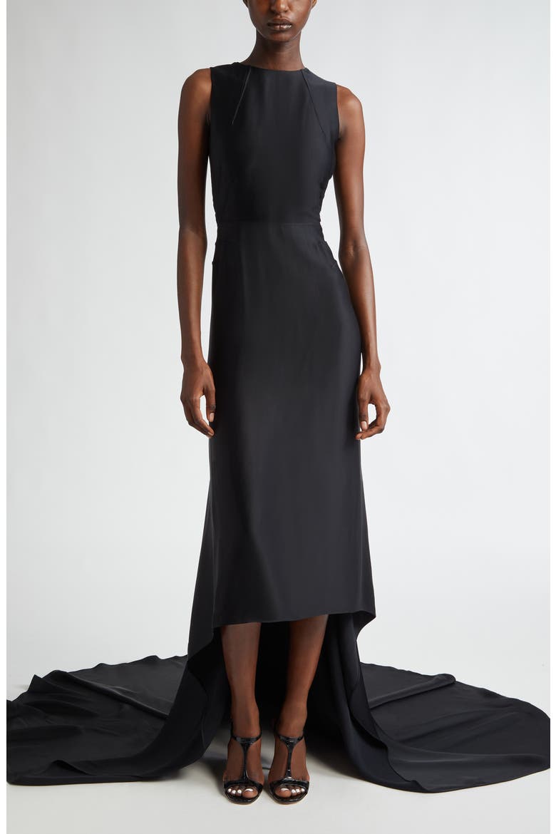 Fishtail Train Sleeveless Crepe Gown, Main, color, BLACK