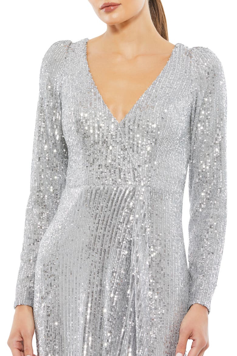 Long Sleeve Sequin Wrap Gown, Alternate, color, PLATINUM