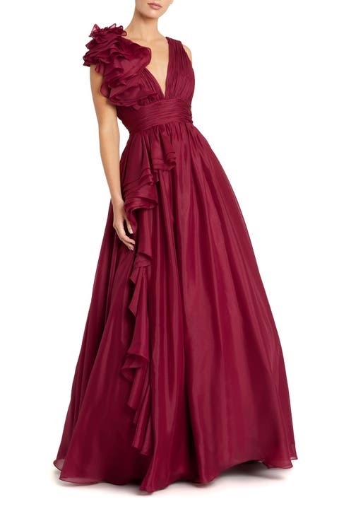 Petite Ruffle Shoulder V-Neck Chiffon Gown