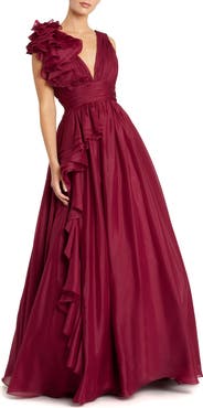 Mac Duggal Petite Ruffle Shoulder V-Neck Chiffon Gown