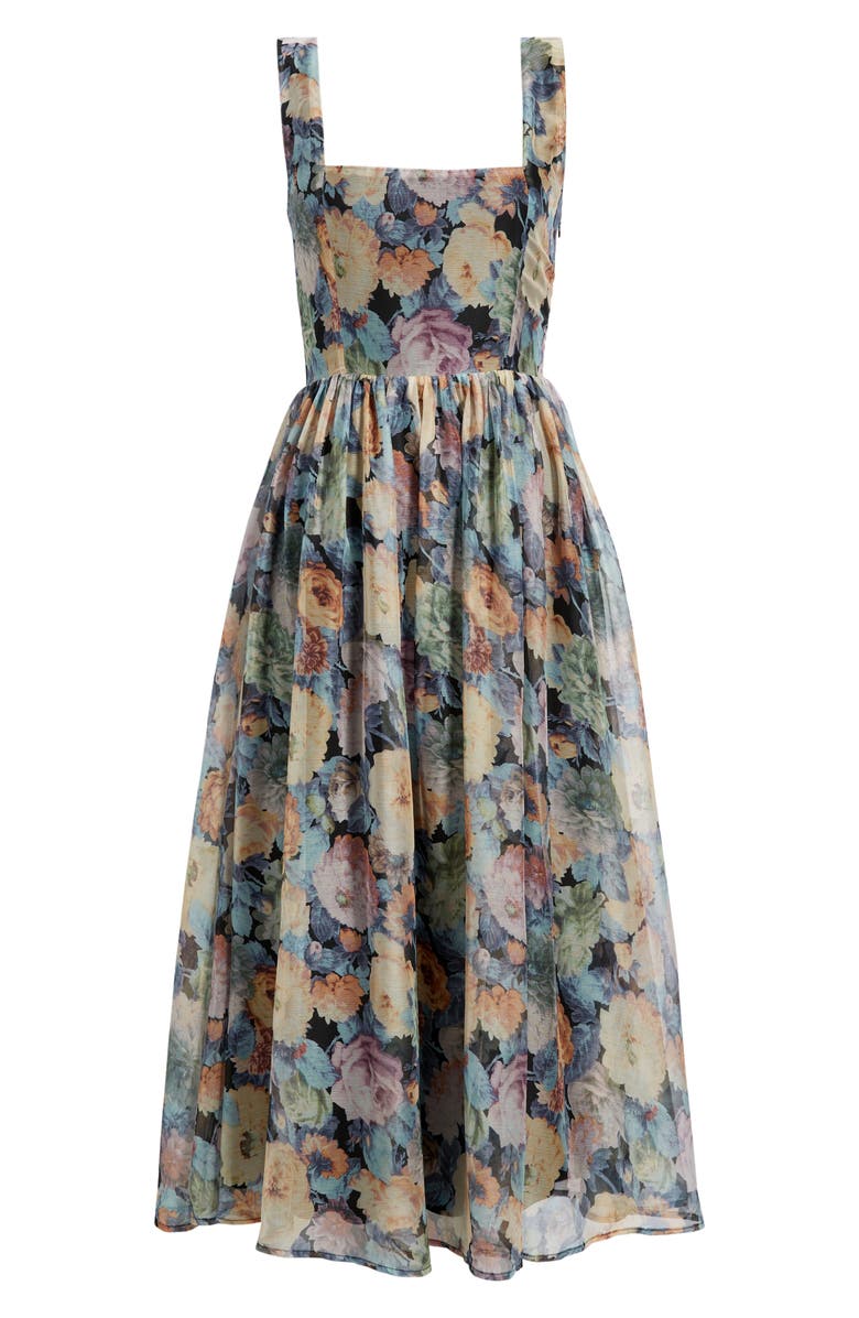 Lulus Logan Floral Square Neck Midi Dress, Alternate, color, Grey Multi