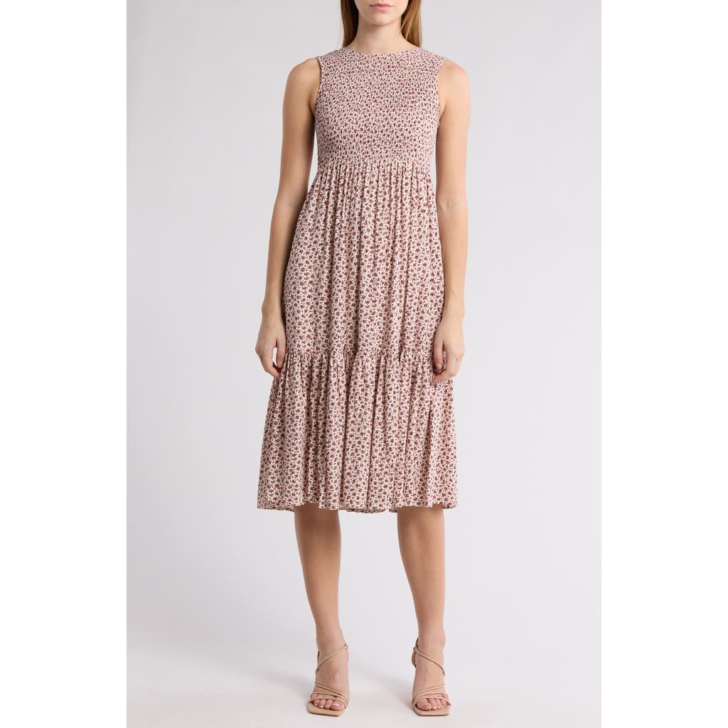 Treasure & Bond Smocked Sleeveless Midi Dress In Ivory D- Rust Garden Dot