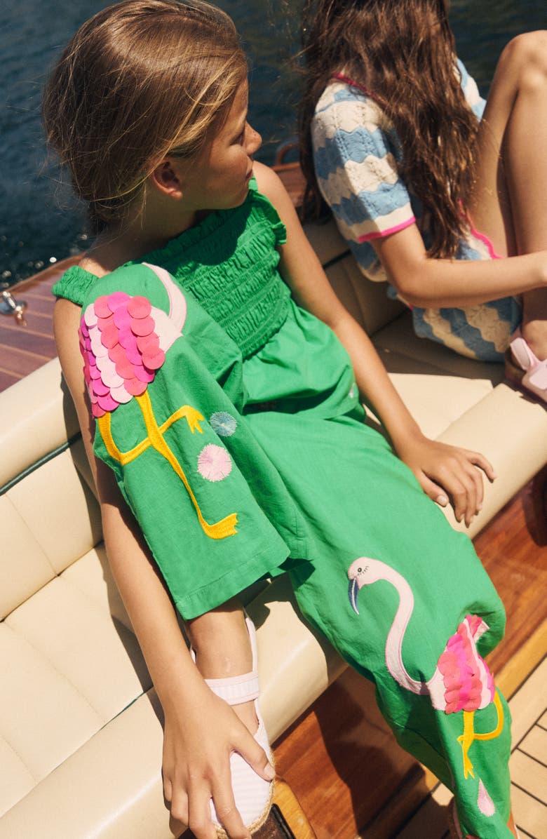 Mini Boden Kids' Appliqué Pull-On Pants, Alternate, color, Green Flamingos