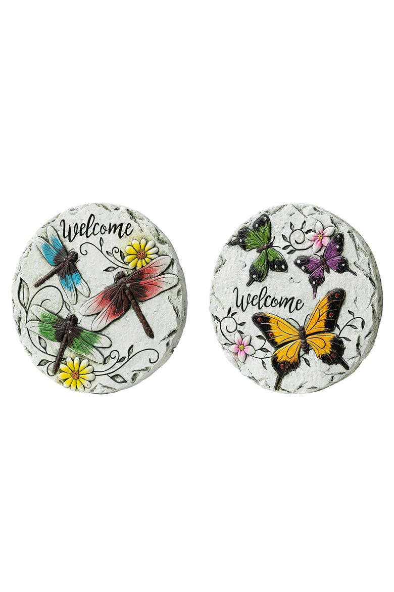 Set of 2 Cement Stepping Stones with Fluttering Butterflies and Dragonflies Pattern, Alternate, color, White
