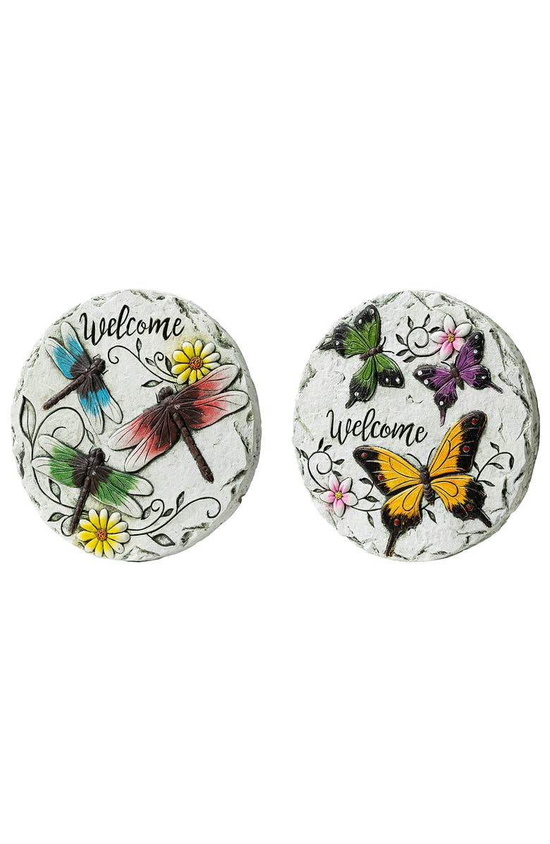 Glitzhome Set of 2 Cement Stepping Stones with Fluttering Butterflies and Dragonflies Pattern, Alternate, color, White