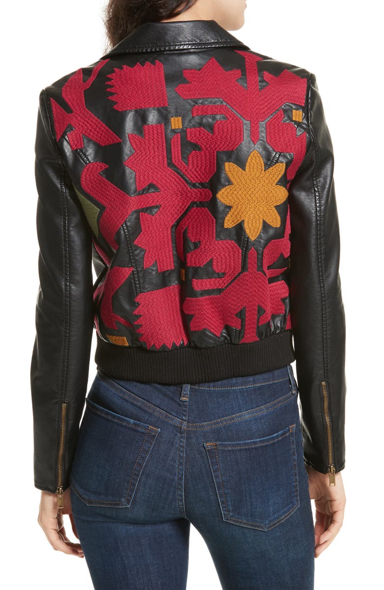 Free People Embroidered Faux Leather Moto Jacket, Alternate, color, 