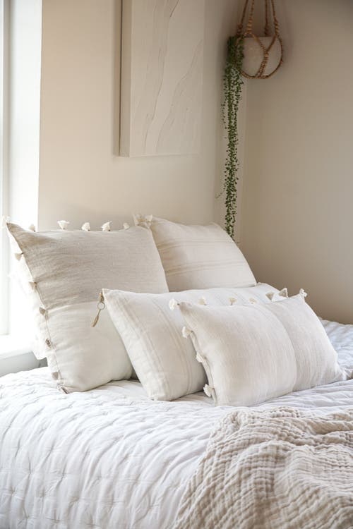 Anaya Grey Petite Stripe Linen Pillow With Down Alternative Insert In White