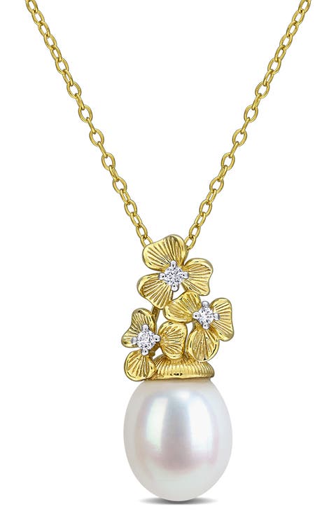 Sterling Silver Lab Created White Sapphire & Imitation Pearl Floral Pendant Necklace