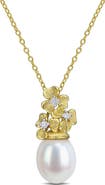 DELMAR Sterling Silver Lab Created White Sapphire & Imitation Pearl Floral Pendant Necklace