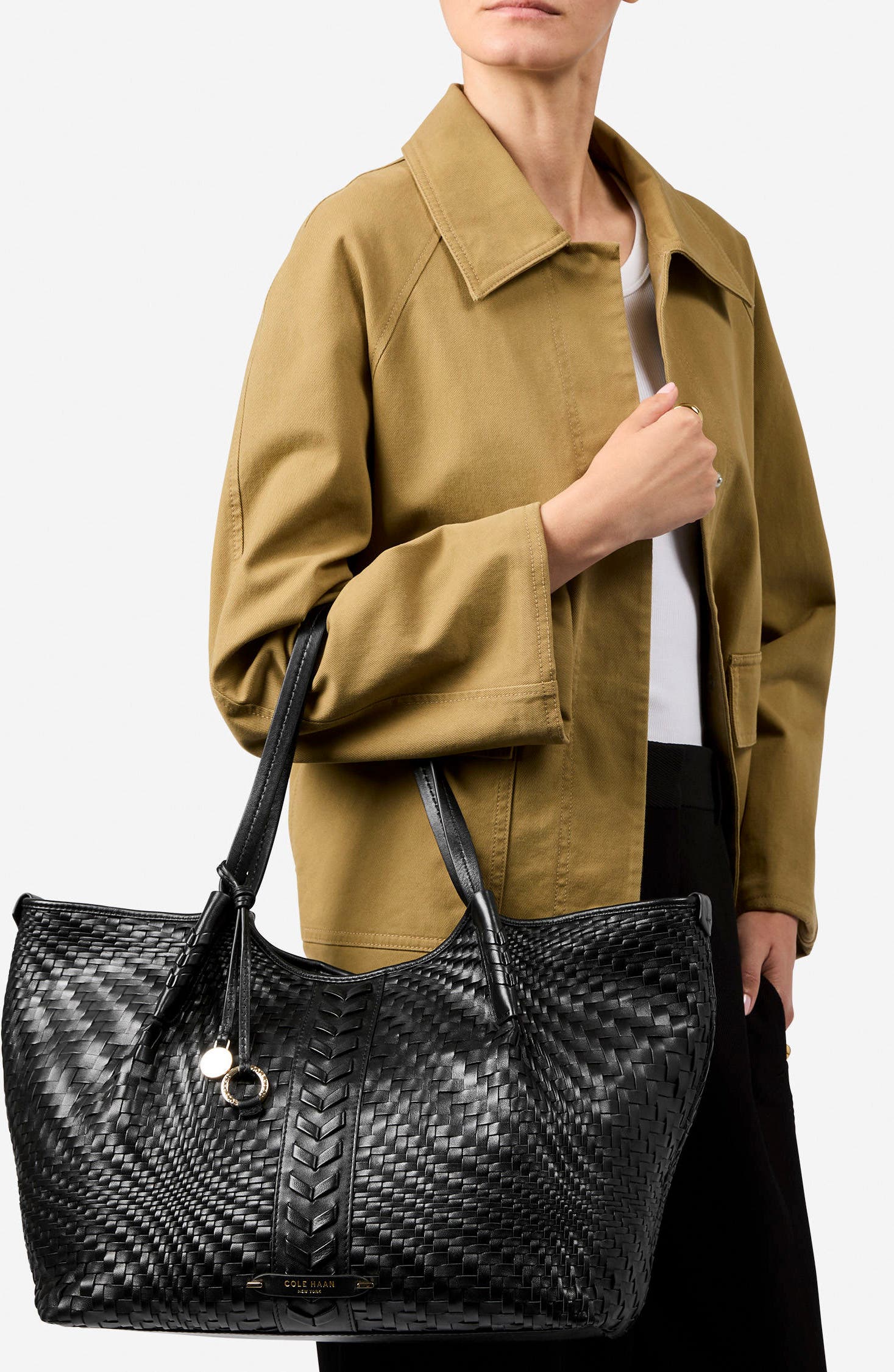 Isabella Slouchy Woven Leather Tote, Alternate, color, BLACK