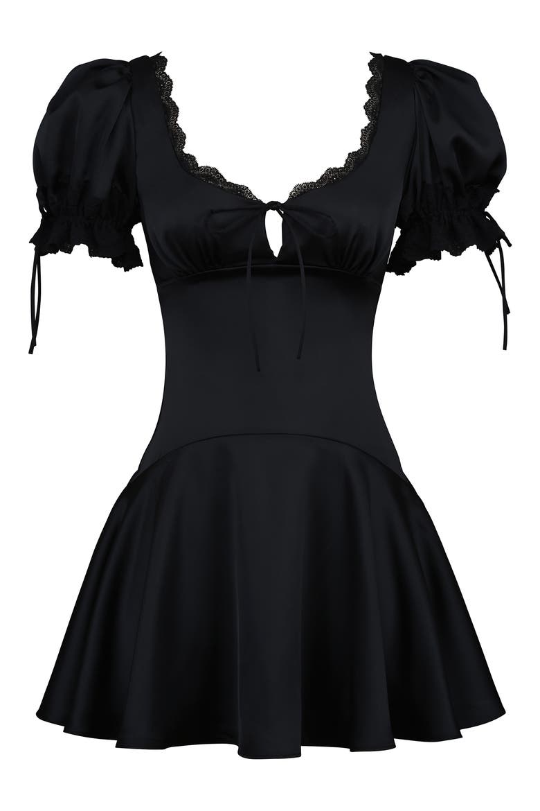 Elisabetta Satin Lace Trim Minidress, Alternate, color, BLACK