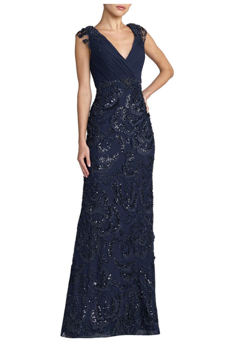 Mac Duggal Women's Floral Beaded Chiffon V-Neck Evening Gown, Main, color, Midnight