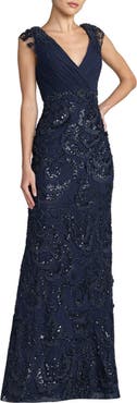 Mac Duggal Women's Floral Beaded Chiffon V-Neck Evening Gown