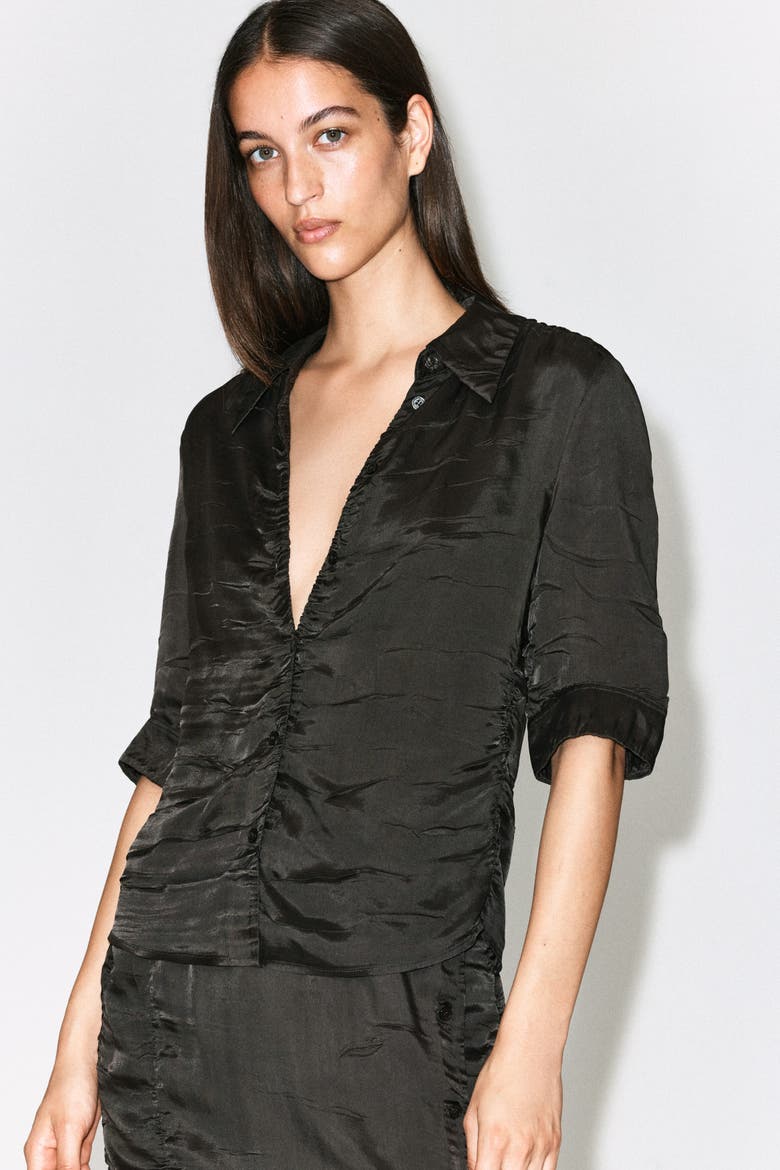 Gathered Crinkled Shirt, Alternate, color, BROWN