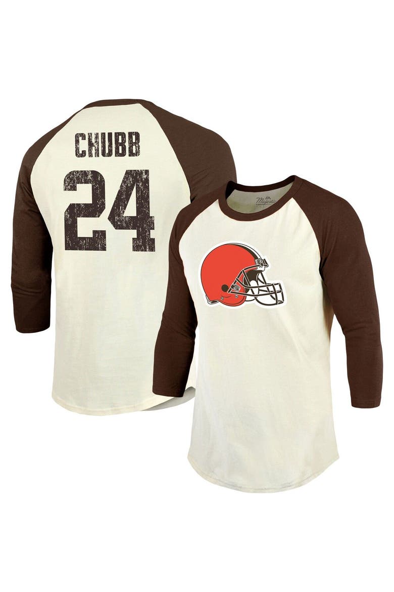 Men's Majestic Threads Nick Chubb Cream/Brown Cleveland Browns Vintage Player Name & Number 3/4-Sleeve Fitted T-Shirt, Main, color, Cream