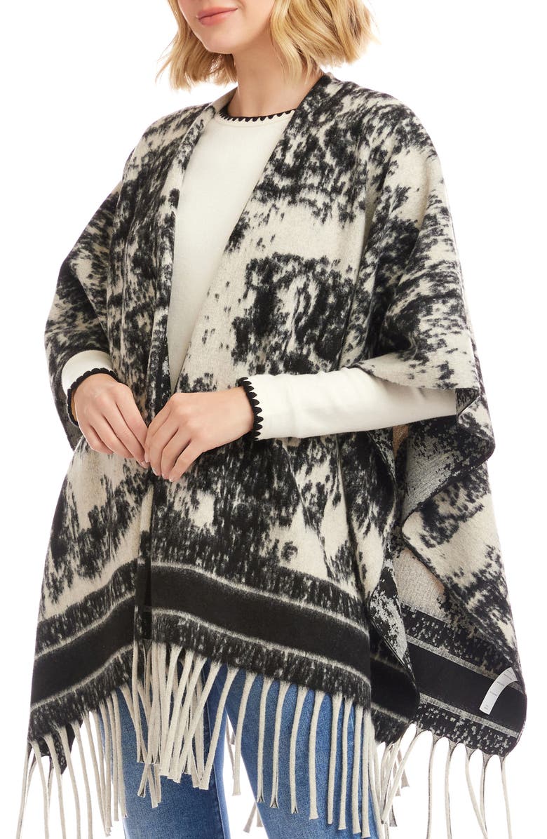 Karen Kane Fringe Poncho, Alternate, color, Ecru W/ Black