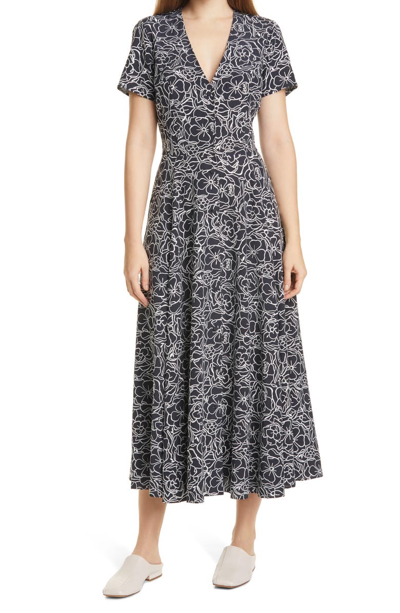 Dyvna Print Button Front Silk Blend Midi Dress, Main, color, 