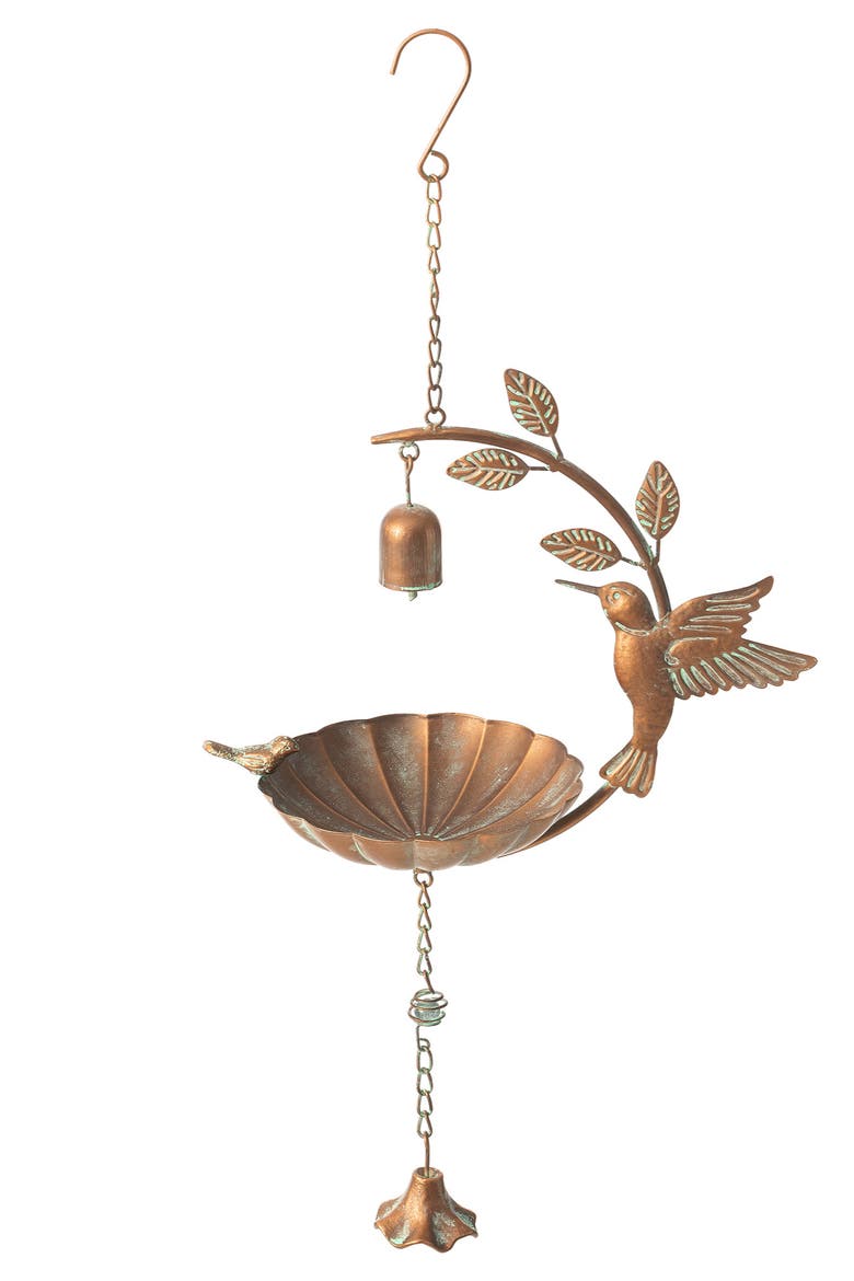 25"H Metal Faux Copper Patina Finish Hummingbird Hanging Birdfeeder, Main, color, Gold