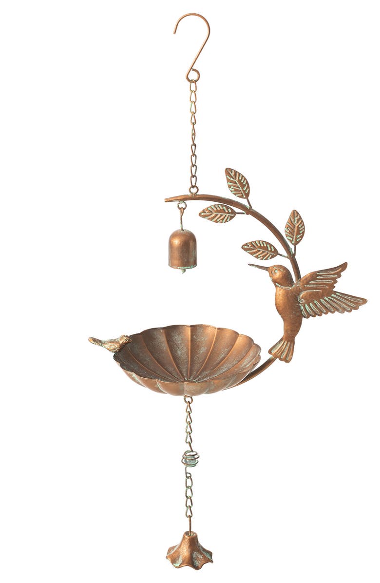 Glitzhome 25"H Metal Faux Copper Patina Finish Hummingbird Hanging Birdfeeder, Main, color, Gold