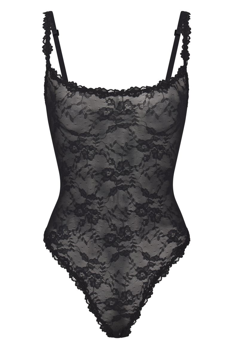 Stretch Lace Thong Bodysuit, Alternate, color, ONYX