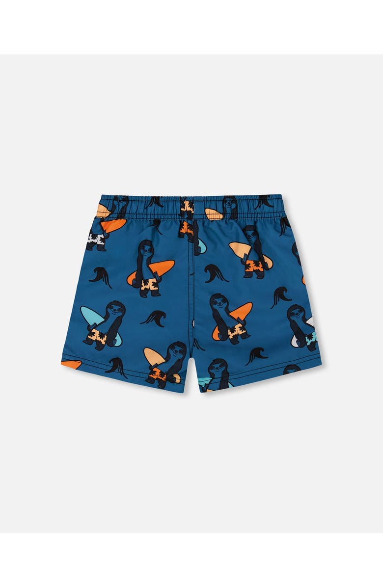 Deux par Deux Little Boy's Printed Swim Trunks Orange Sloths On Navy Blue, Alternate, color, Orange Sloths On Navy Blue