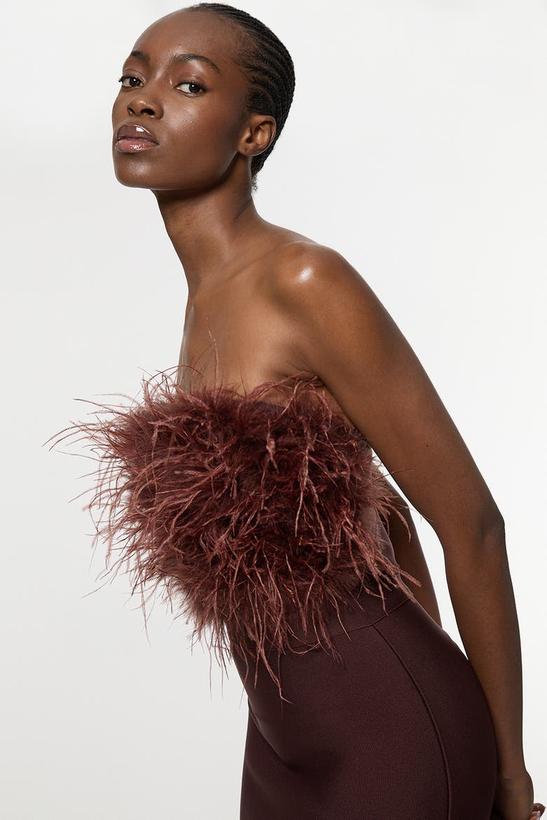 Feather Detail Bandeau Knit Midi Dress, Alternate, color, Chocolate