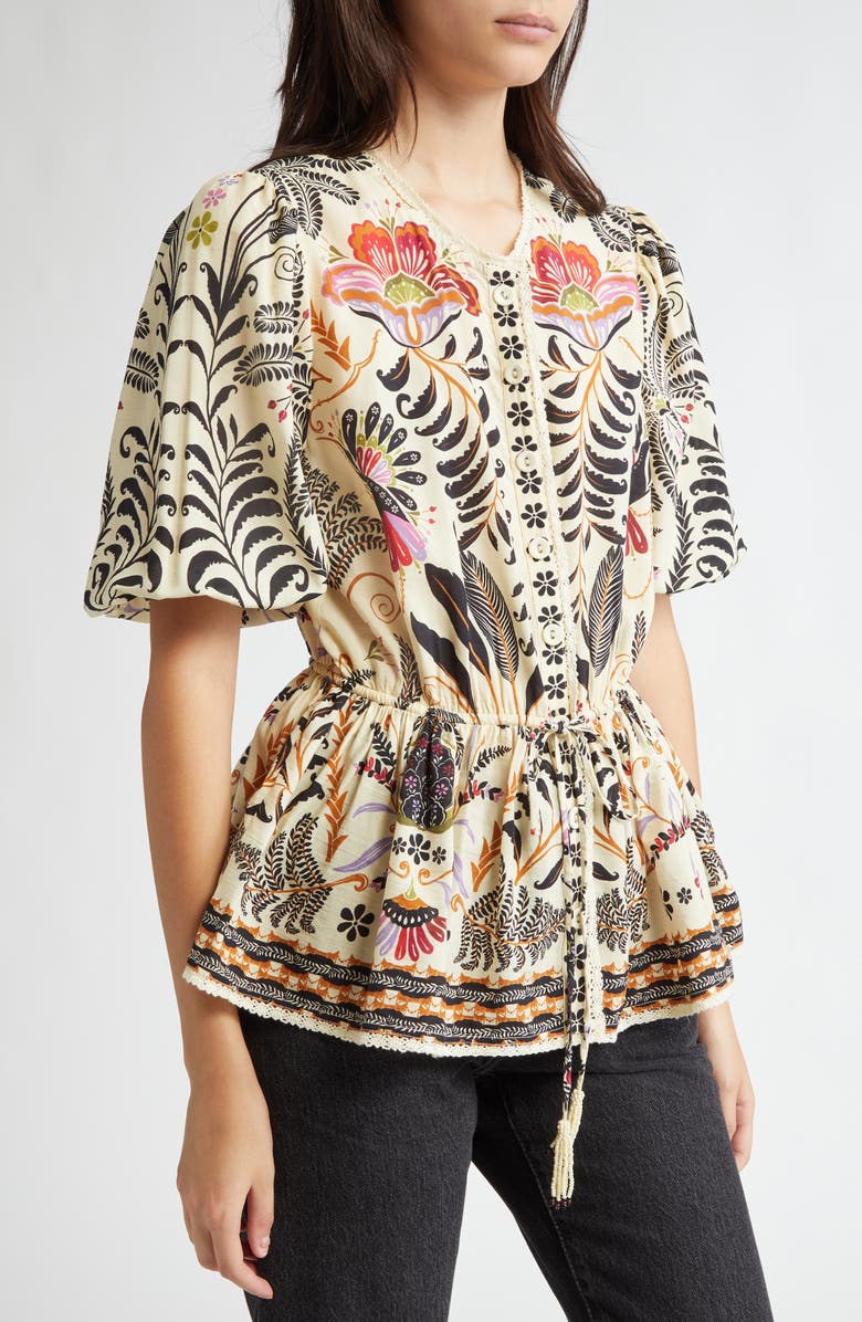 FARM Rio Mixed Print Belted Cotton Blend Top, Alternate, color,