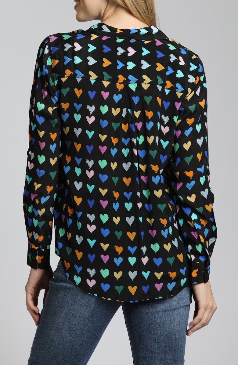 APNY Abstract Print Roll Tab Sleeve Chiffon Button-Up Shirt, Alternate, color, Black Heart Multi