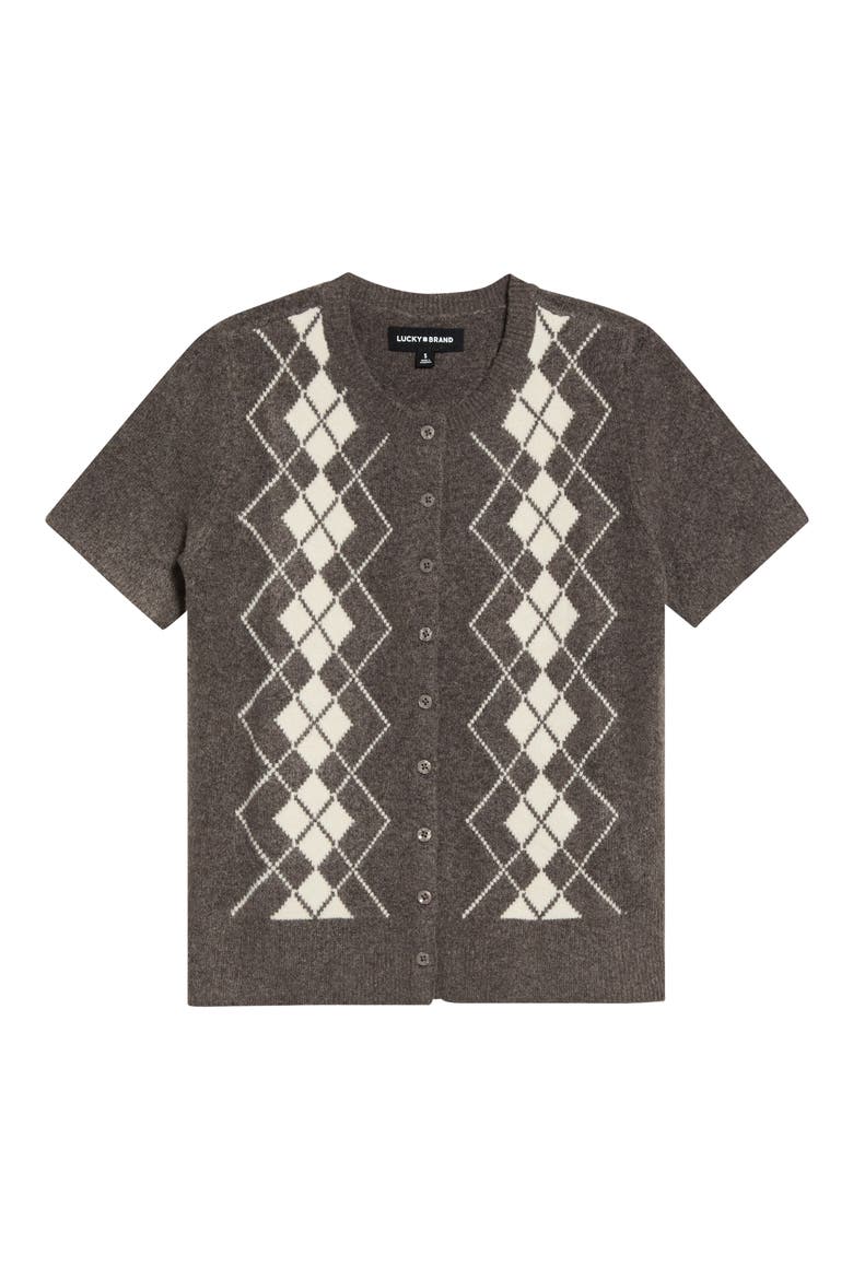 Argyle Short Sleeve Sweater, Alternate, color, HOT FUDGE HTR