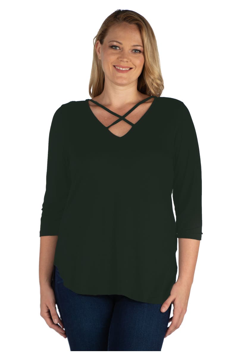 24seven Comfort Apparel Plus Size Criss Cross Round Hemline Tunic Top, Main, color, Hunter