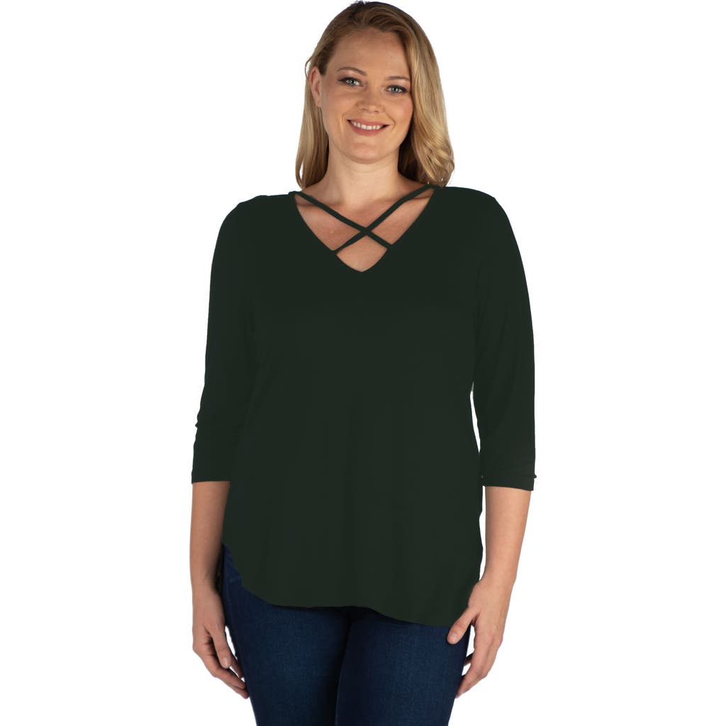 24seven Comfort Apparel Plus Size Criss Cross Round Hemline Tunic Top In Green
