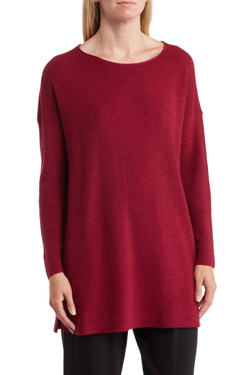 Eileen Fisher Bateau Long Sleeve Merino Wool Tunic Top, Main, color, Hibiscus