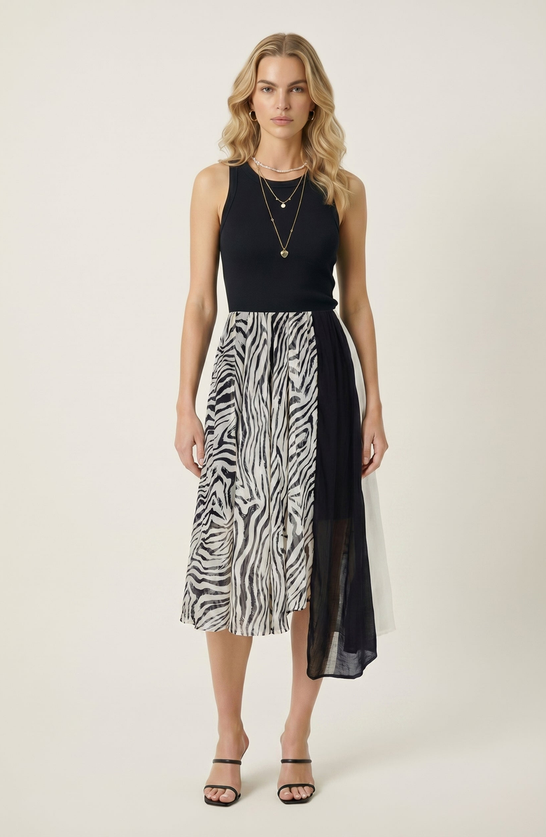 Modenaire Printed Sheer Overlay Asymmetrical Panel Midi Skirt, Alternate, color, Black