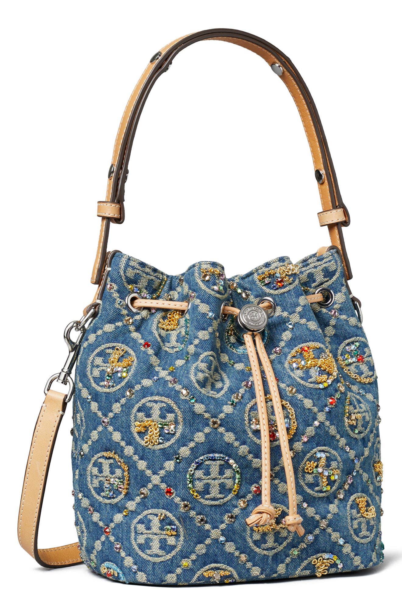 T Monogram Embellished Denim Bucket Bag, Alternate, color, BOAT HOUSE