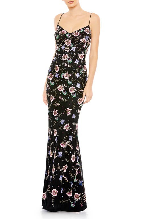 Mac Duggal Embellished Spaghetti Strap Lace Up Gown In Black Multi