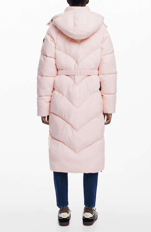 Desigual Hooded Quilted Puffer Longline Coat In Pink