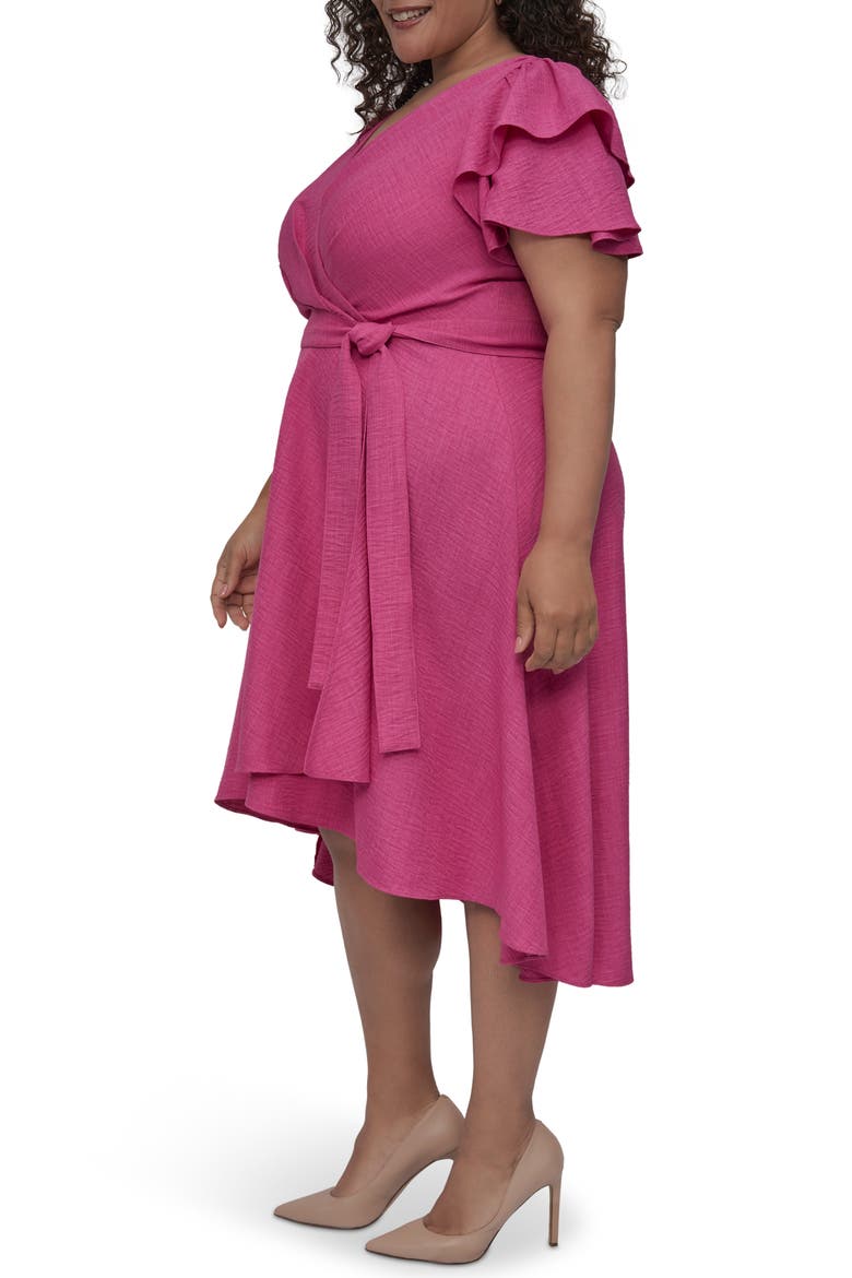 Flutter Sleeve Faux Wrap Midi Dress, Alternate, color, VIVID PINK