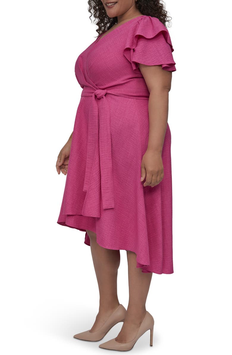 DKNY Flutter Sleeve Faux Wrap Midi Dress, Alternate, color, Vivid Pink