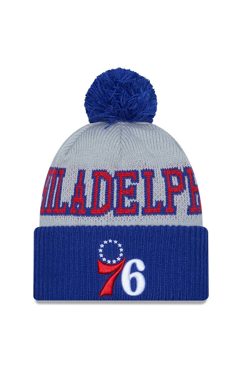 New Era Men's New Era Royal/Gray Philadelphia 76ers Tip-Off Two-Tone Cuffed Knit Hat with Pom, Main, color, 