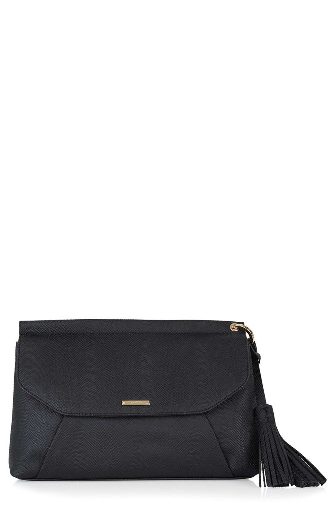 Faux Leather Envelope Clutch, Main, color, BLACK