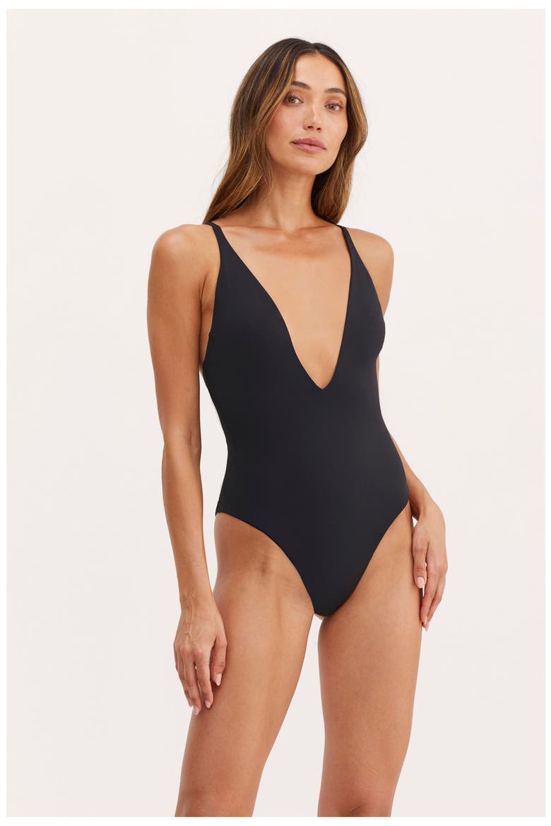 Timeless Chic Aria Deep Plunge Open Back One Piece, Alternate, color, Black