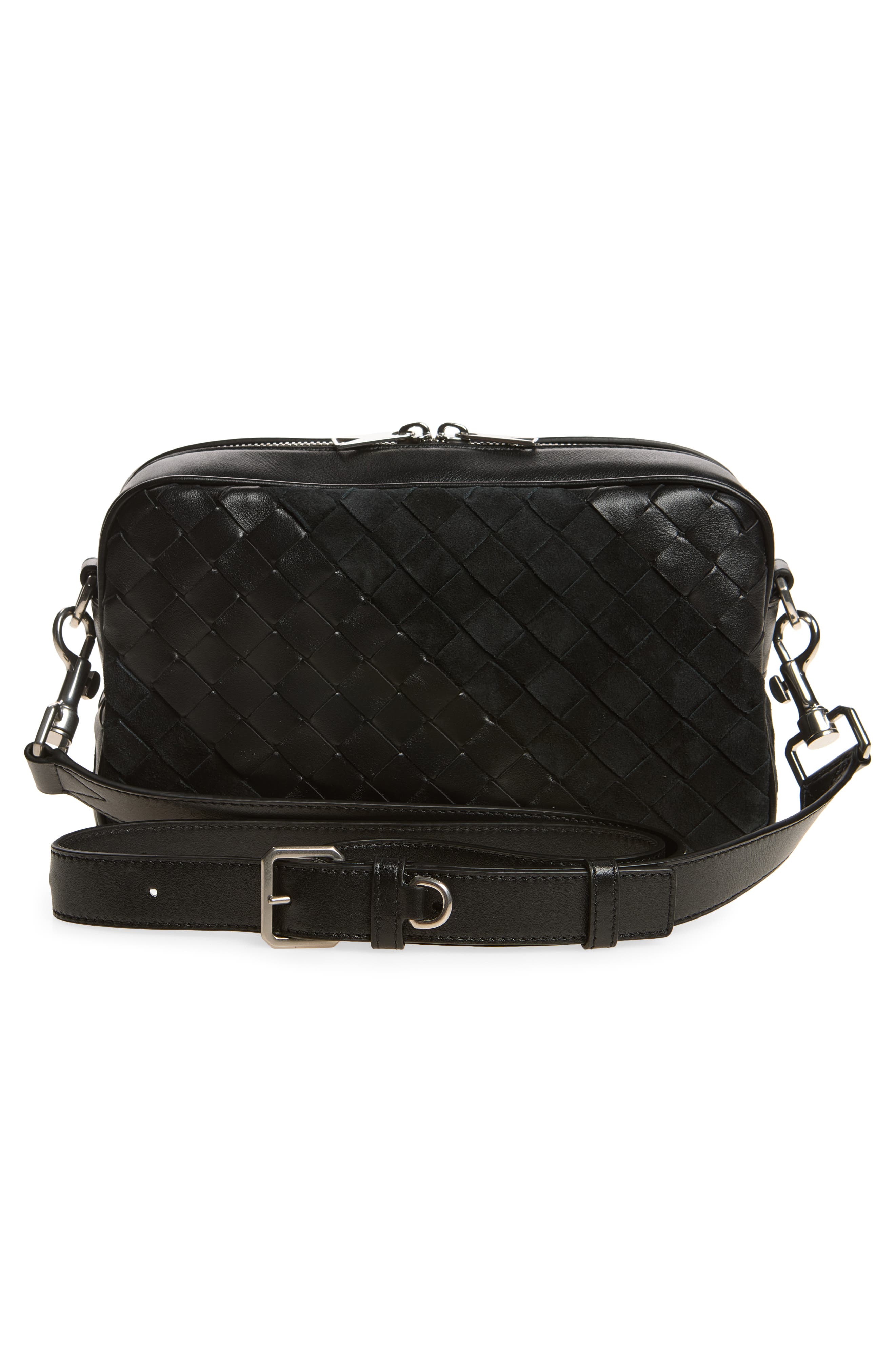 Small Intrecciato Leather Camera Bag, Main, color, 8803 BLACK/ SILVER