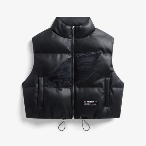 Women's  Black Philadelphia Eagles Faux Leather Cropped Puffer Vest