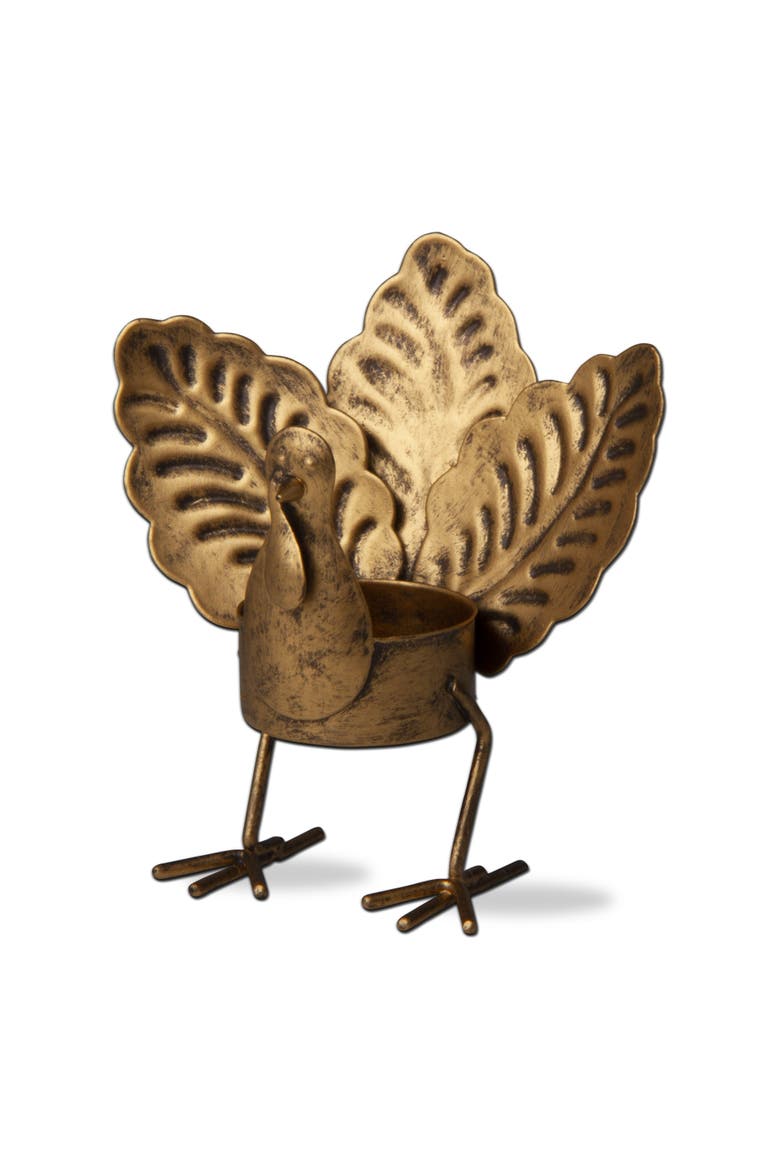 Thanksgiving Turkey Shaped Oak Leaf Tealight Holder Antique Gold, Main, color, Gold