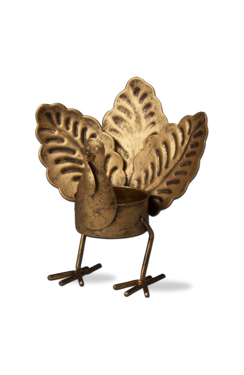tag Thanksgiving Turkey Shaped Oak Leaf Tealight Holder Antique Gold, Main, color, Gold